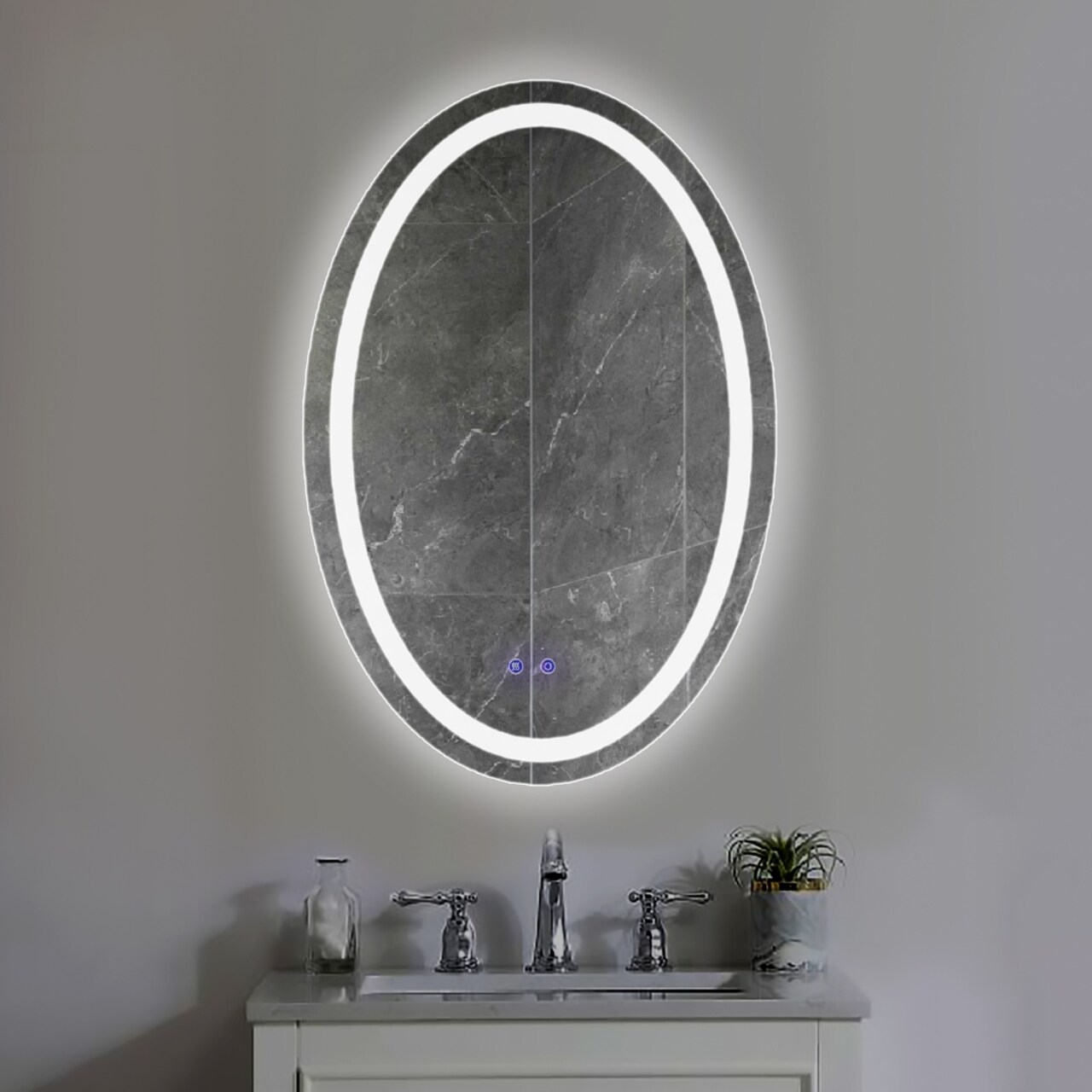 Saltoro Sherpi 24 x 36 Inch Oval Frameless LED Illuminated Bathroom Mirror, Touch Button Defogger, Metal, Frosted Edge, Silver-